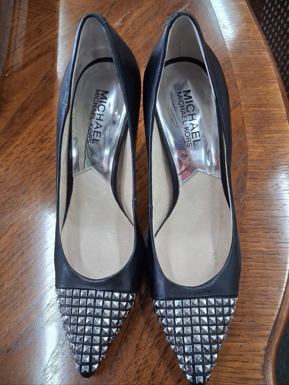 6 1/2 Michael Kors Black Pointed-Toe Studded Pumps
